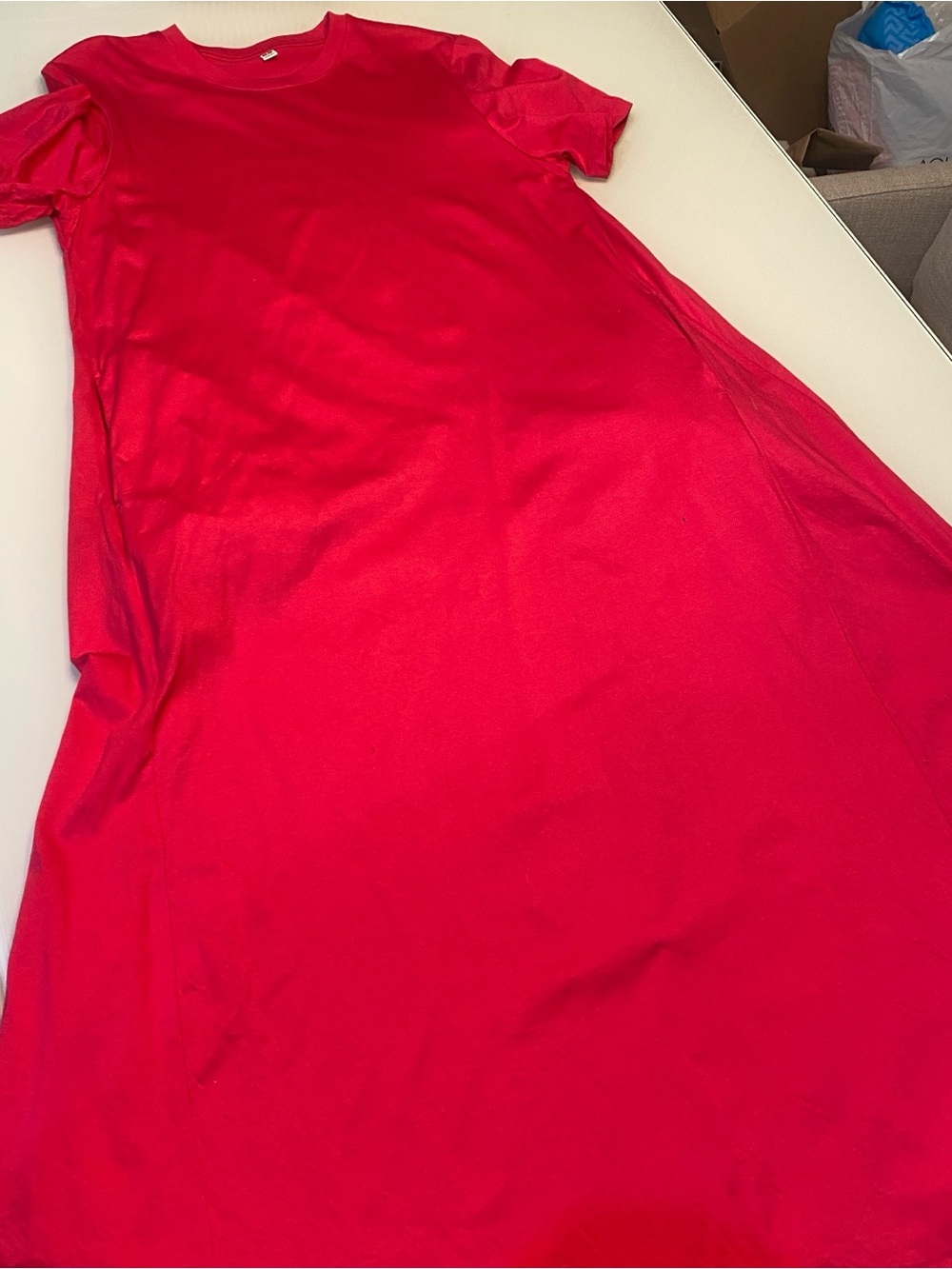 Uniqlo Fuchsia Pink 100% Cotton Short Sleeve A-Line T-Shirt Maxi Dress Pockets L